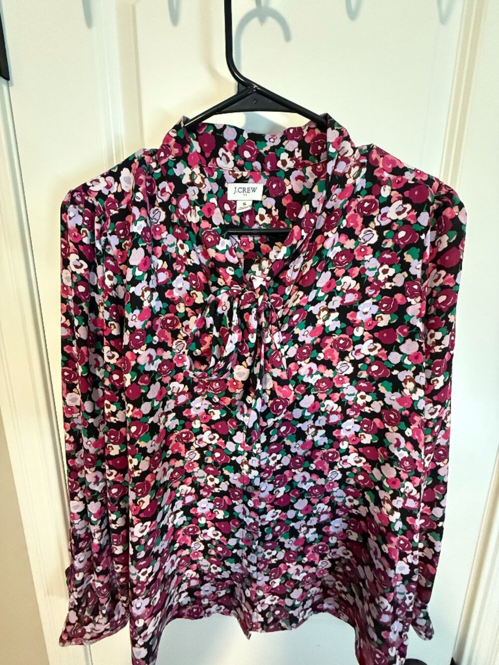 J.Crew Tie Neck Blouse Women 3X Blue Floral Button Front Long Sleeve Bow Top